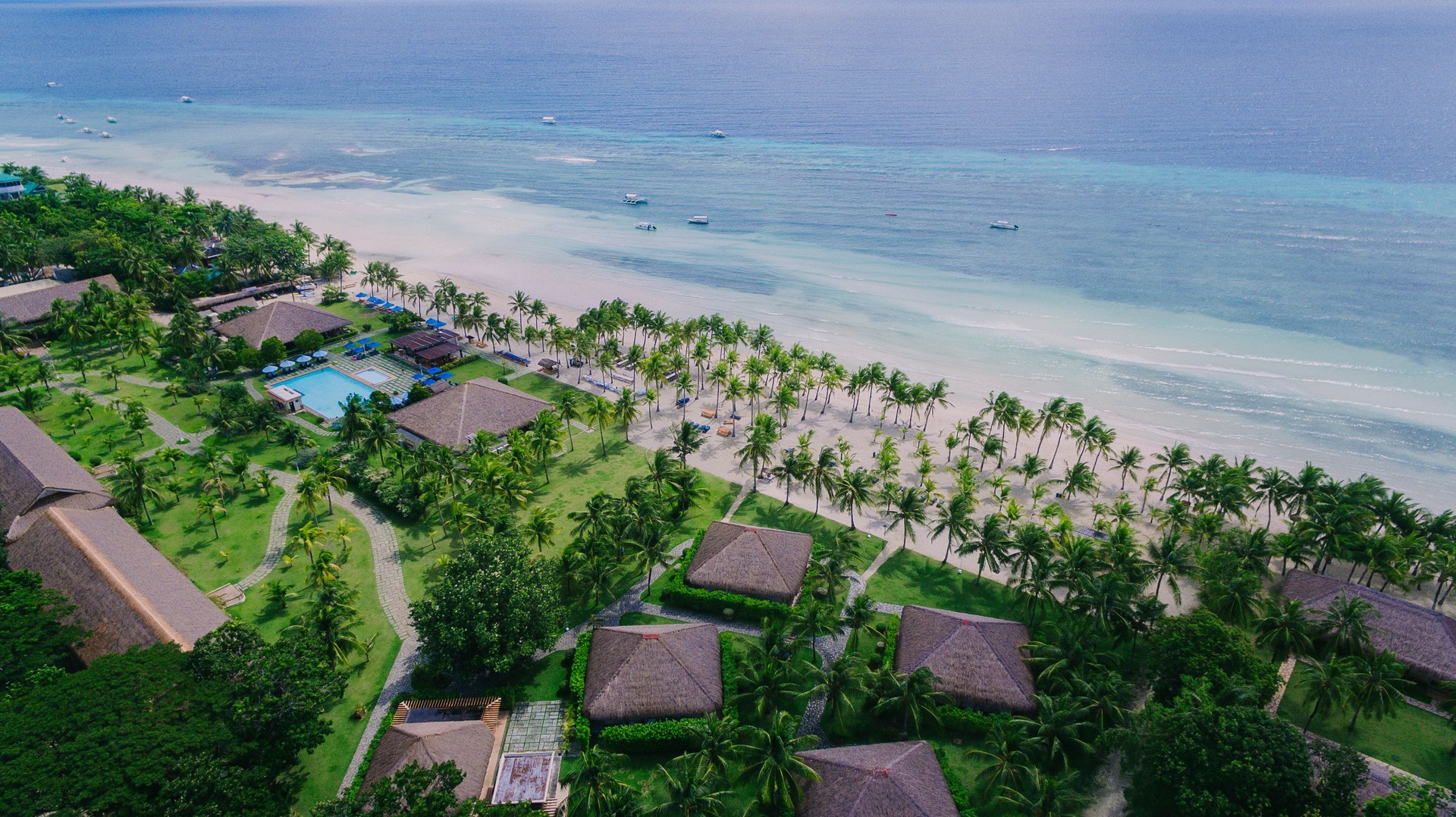 Top view aerial drone shot of beautiful white sand beach in Panglao, Bohol, Philippines